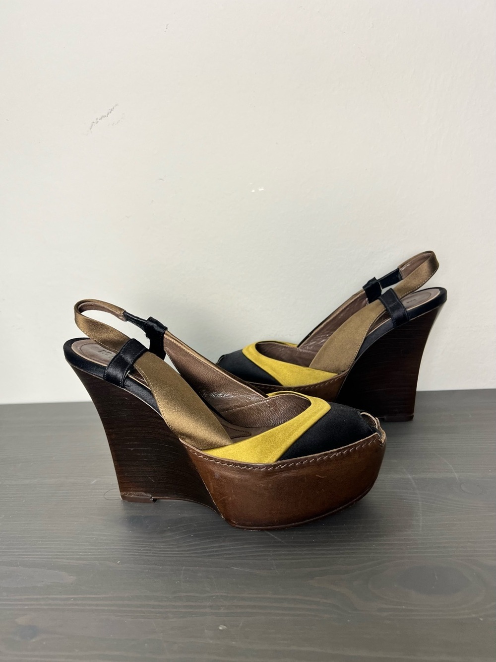 Marni Colorblock Platform Wedge Sandals Size 36 Black Yellow Peep Toe Heel